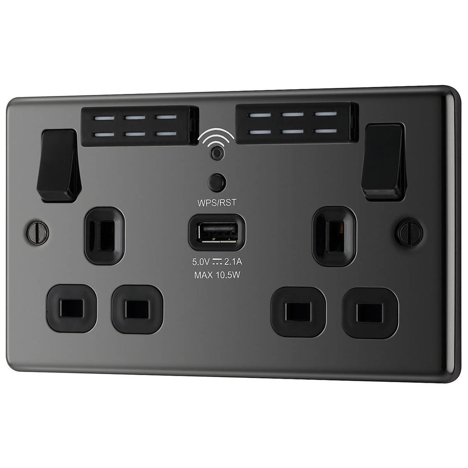 Switched Wall Socket USB Charging Port Wifi 2 Gang Double Black Nickel 13A - Image 1