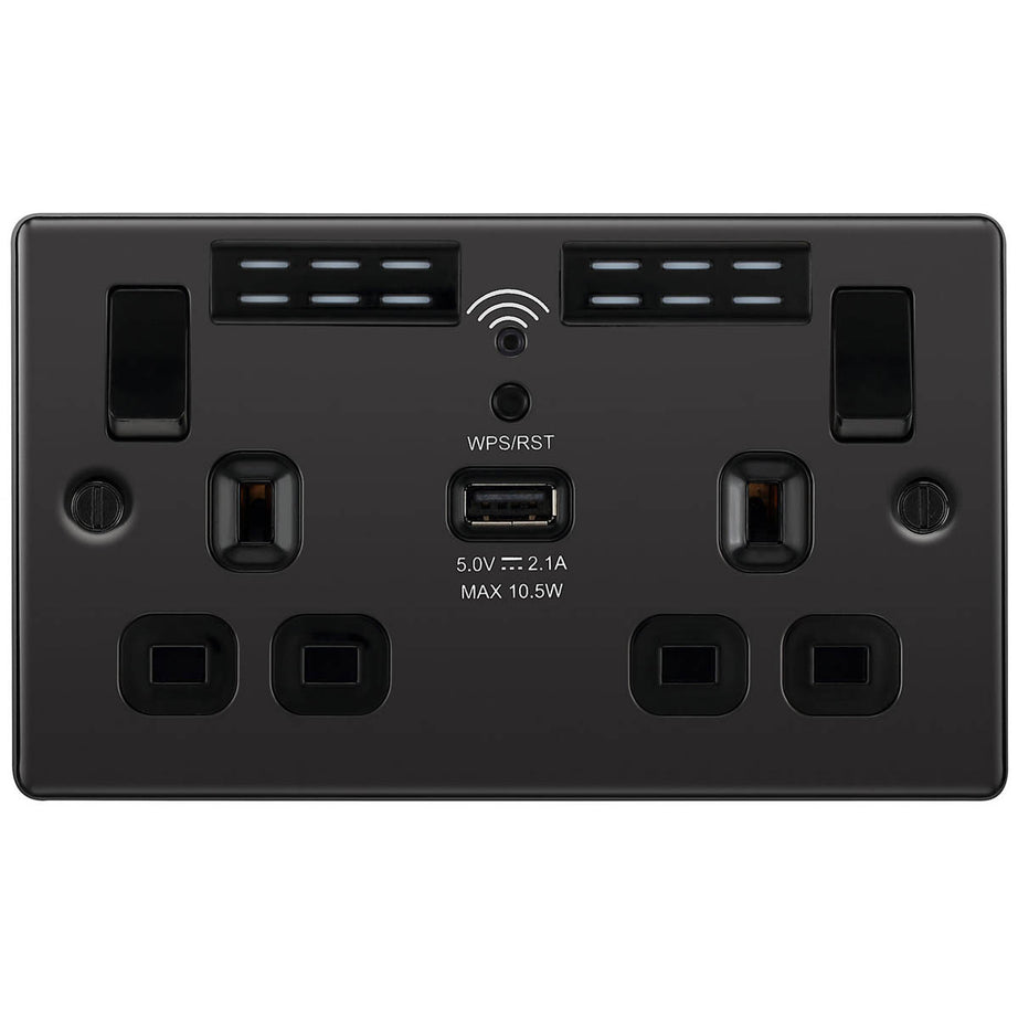 Switched Wall Socket USB Charging Port Wifi 2 Gang Double Black Nickel 13A - Image 2