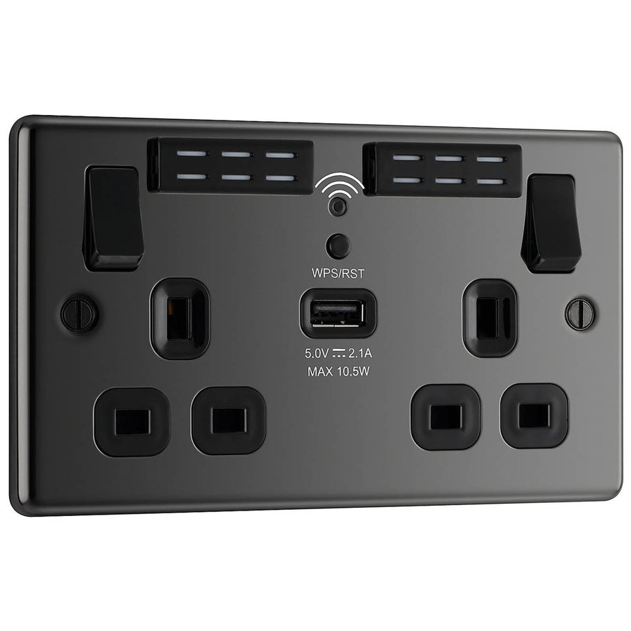 Switched Wall Socket USB Charging Port Wifi 2 Gang Double Black Nickel 13A - Image 3