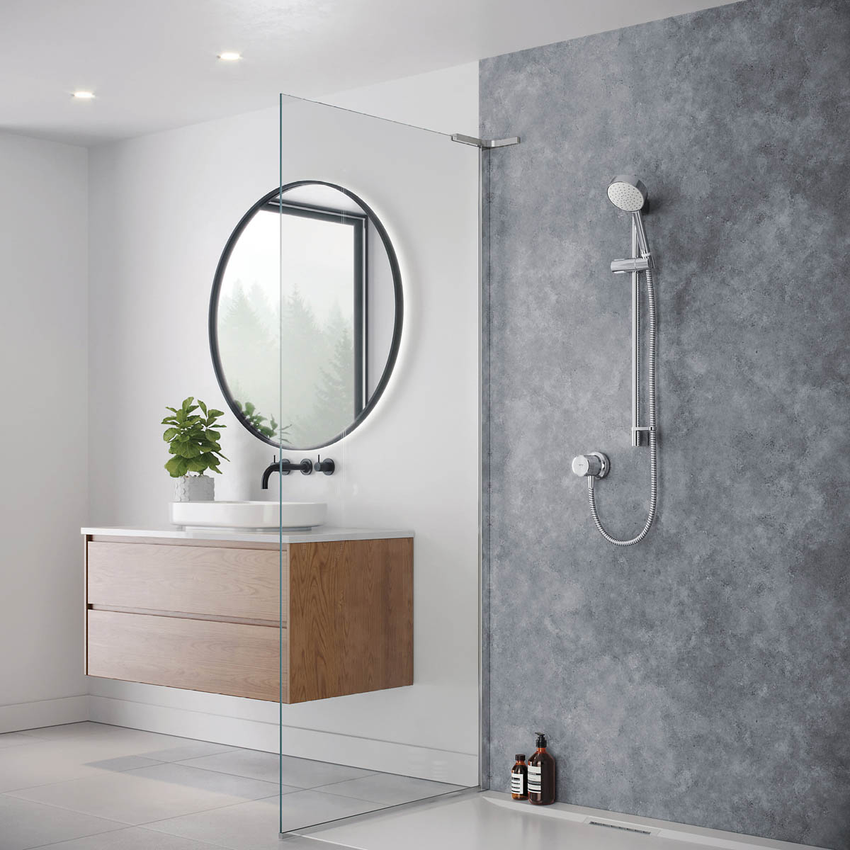 Mira Mixer Shower Minimal Chrome Effect Rear Fed Round Head Modern Compact - Image 1