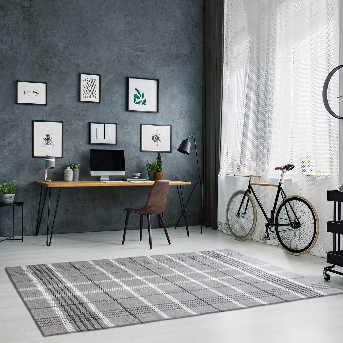 Floor Rug Grey Check Medium Indoor Wool Flat Weave Modern (L)170 x (W)120cm - Image 3