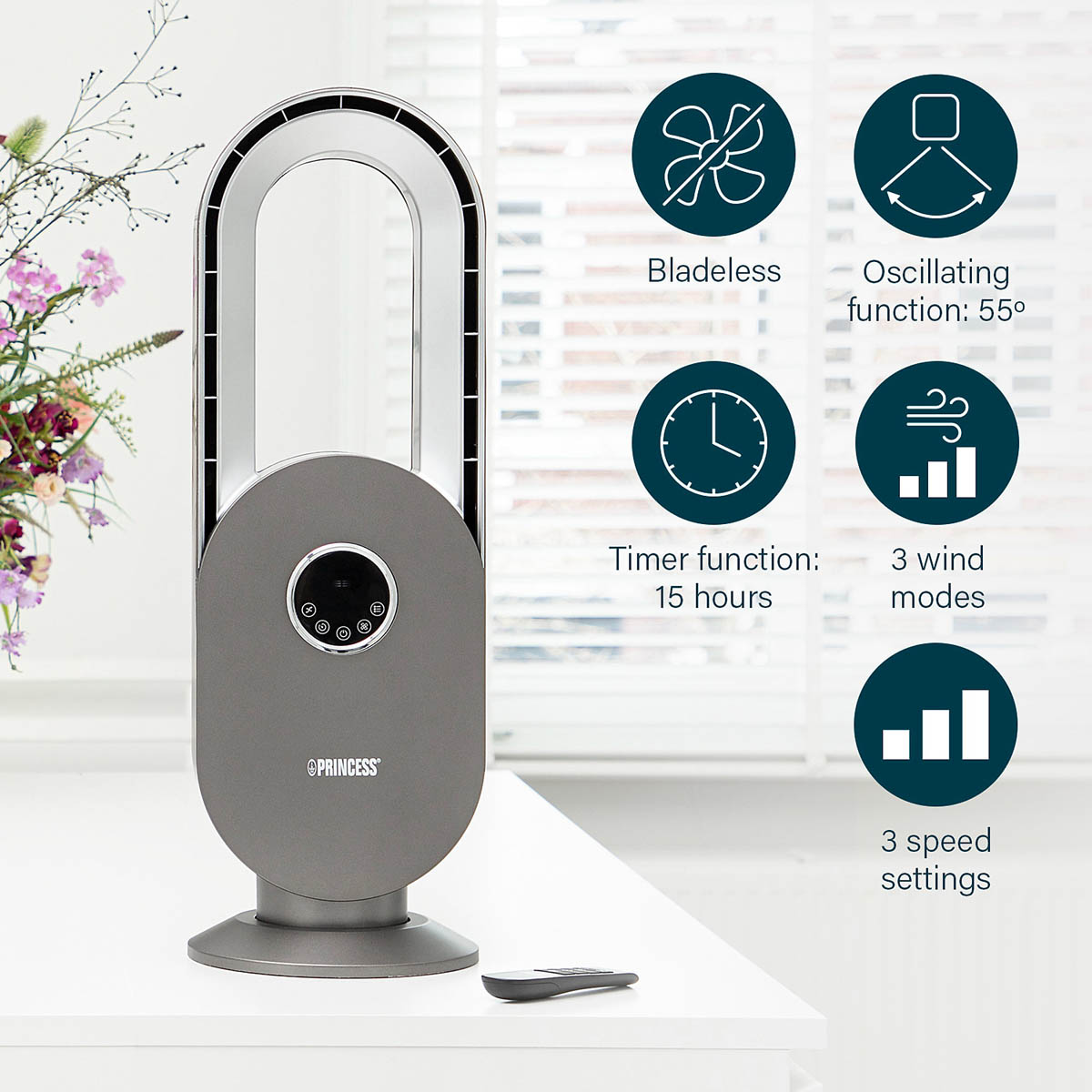 Princess Bladeless Fan Oscillating LED Remote Control Multifunctional (H)67.5cm - Image 1