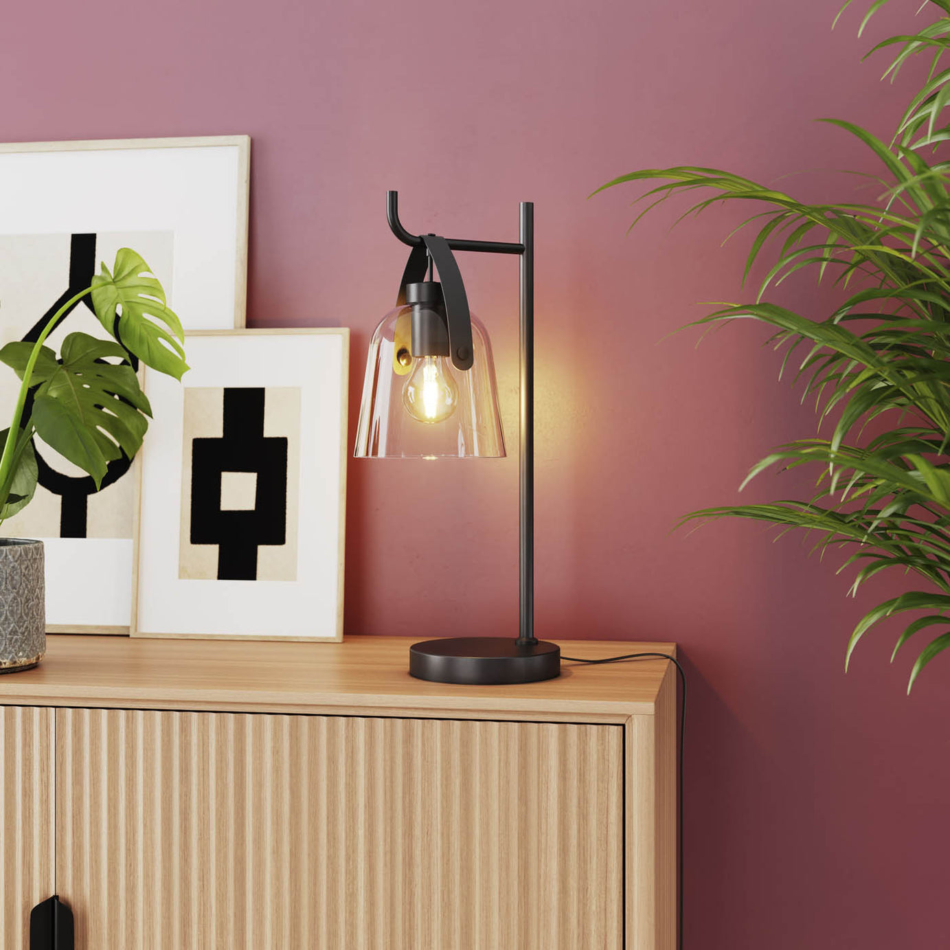 LED Table Lamp Matt Black Round Modern Clear Glass Shade Minimalist Livingroom - Image 1