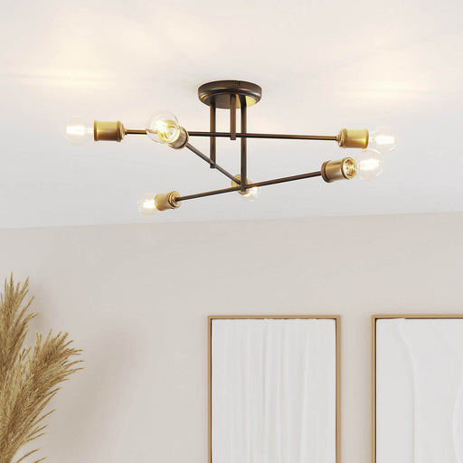 Ceiling Light 6 Way Multi Arm Matt Black Metal Adjustable Heads Antique Brass - Image 1