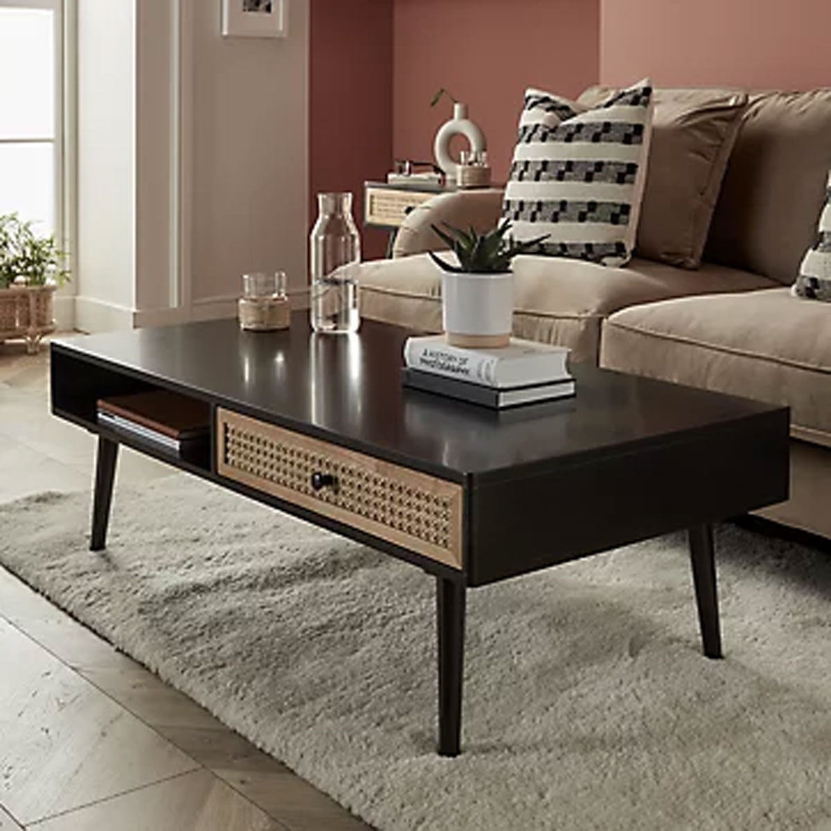 Coffee Table Matt Black Rectangular Wooden With Window Shelf And Drawer Modern - Image 6