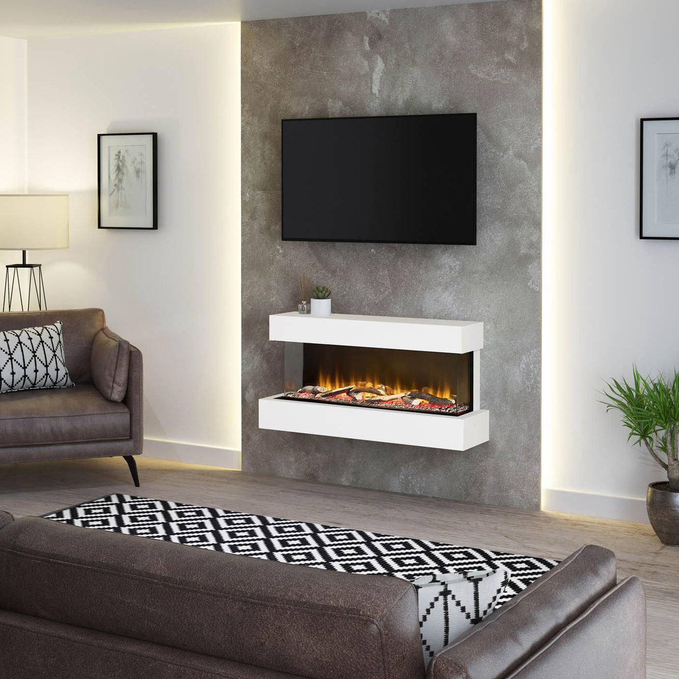 Be Modern Electric Fire 2kW Matt White Wall Mounted Fireplace Sided Glass - Image 2