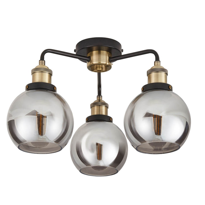 Ceiling Light 3 Lamp LED Smoked Glass Black Matt Metal Antique Brass Effect - Image 1