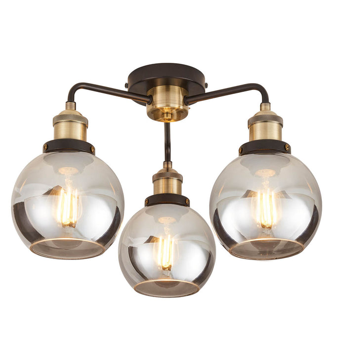 Ceiling Light 3 Lamp LED Smoked Glass Black Matt Metal Antique Brass Effect - Image 3