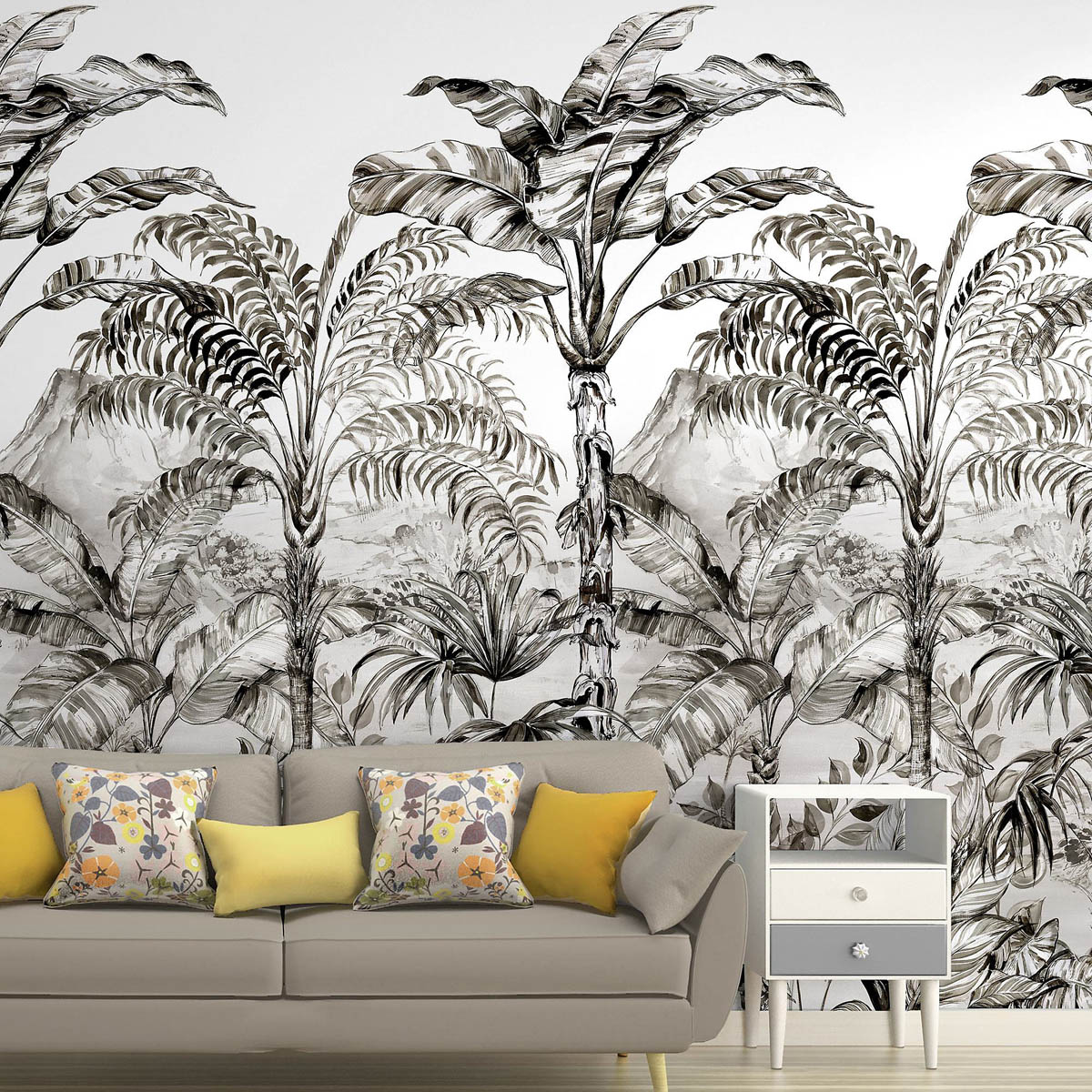 Mural Wallpaper Matt Black White Tropical Jungle Removable Washable 4.45m² - Image 1