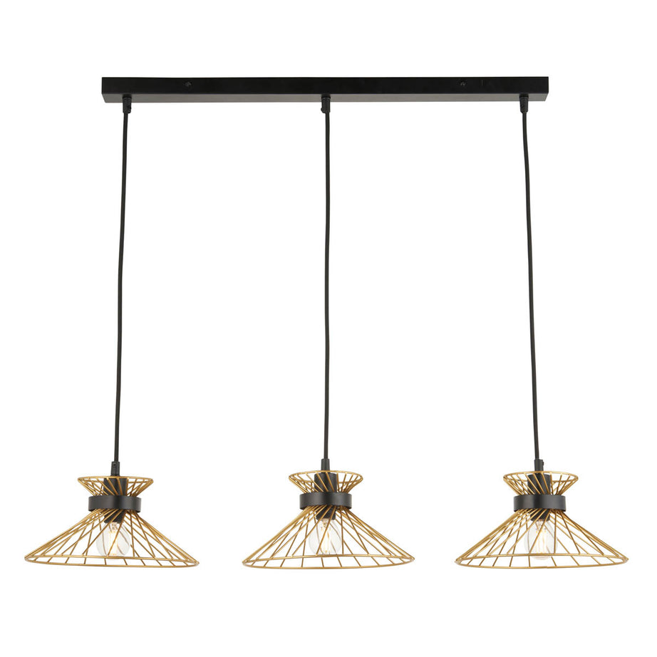 LED Pendant Ceiling Light 3 Way Black Gold Effect Wire Frame Shades (Dia)770mm - Image 1