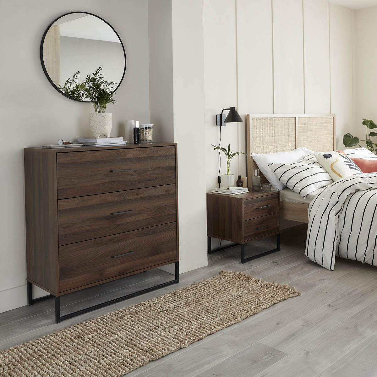 Zorras Bedside Table 2 Drawer Deep Walnut Effect Industrial (H)500(W)460(D)400mm - Image 4