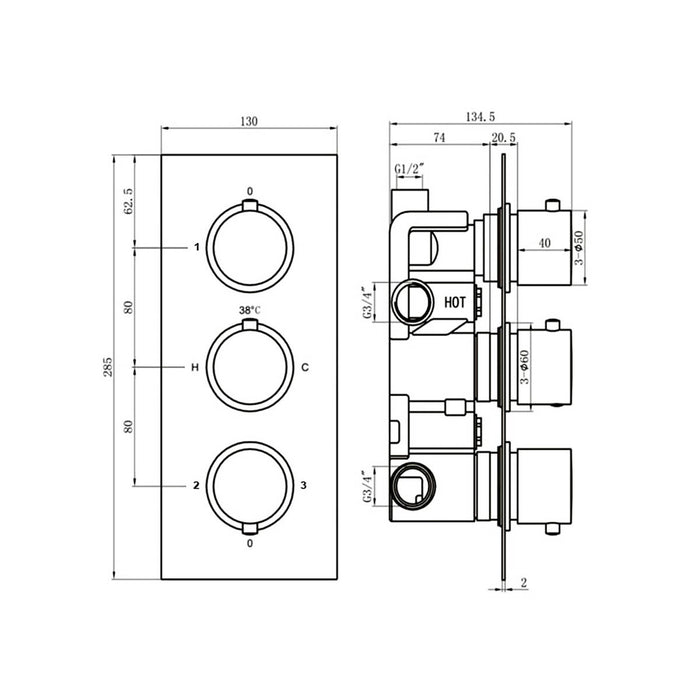 Shower Mixer Valve 3 Outlet Thermostatic Round Diverter 1/2 Turn Bronze Effect - Image 2