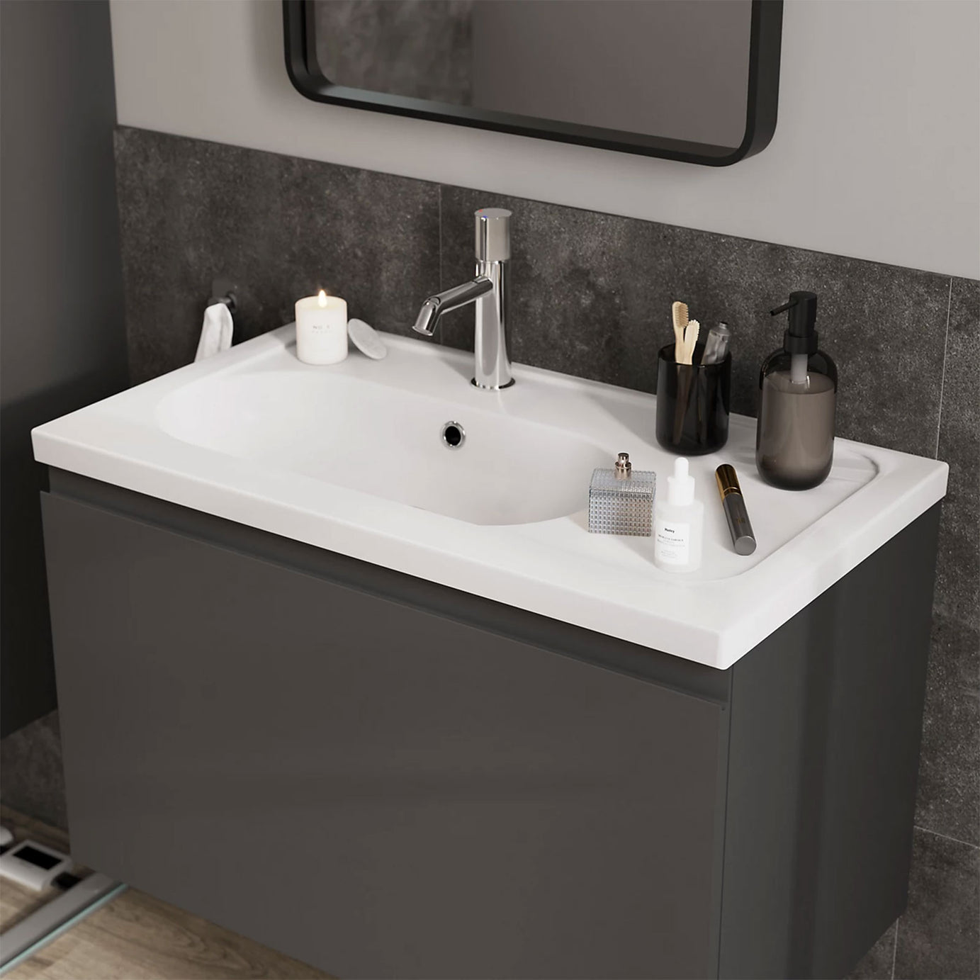 Bathroom Vanity Basin Gloss White Ceramic Rectangular Contemporary (W)80.6cm - Image 1