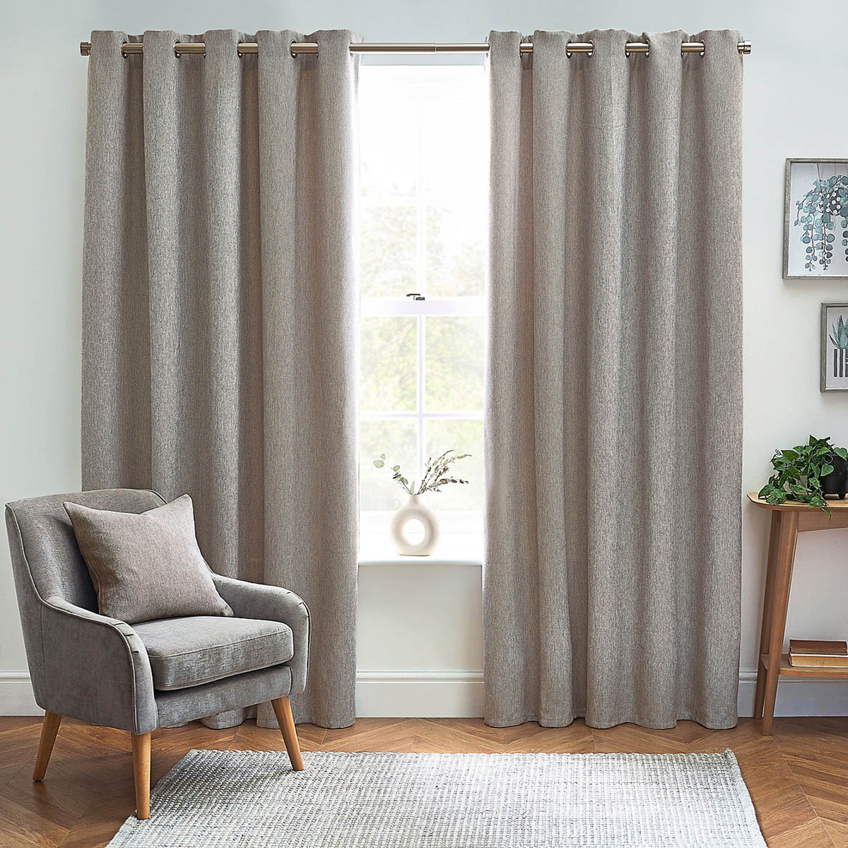 Eyelet Curtains Pair Lined Natural Woven Heavy Weight (W)228cm (L)228cm - Image 1