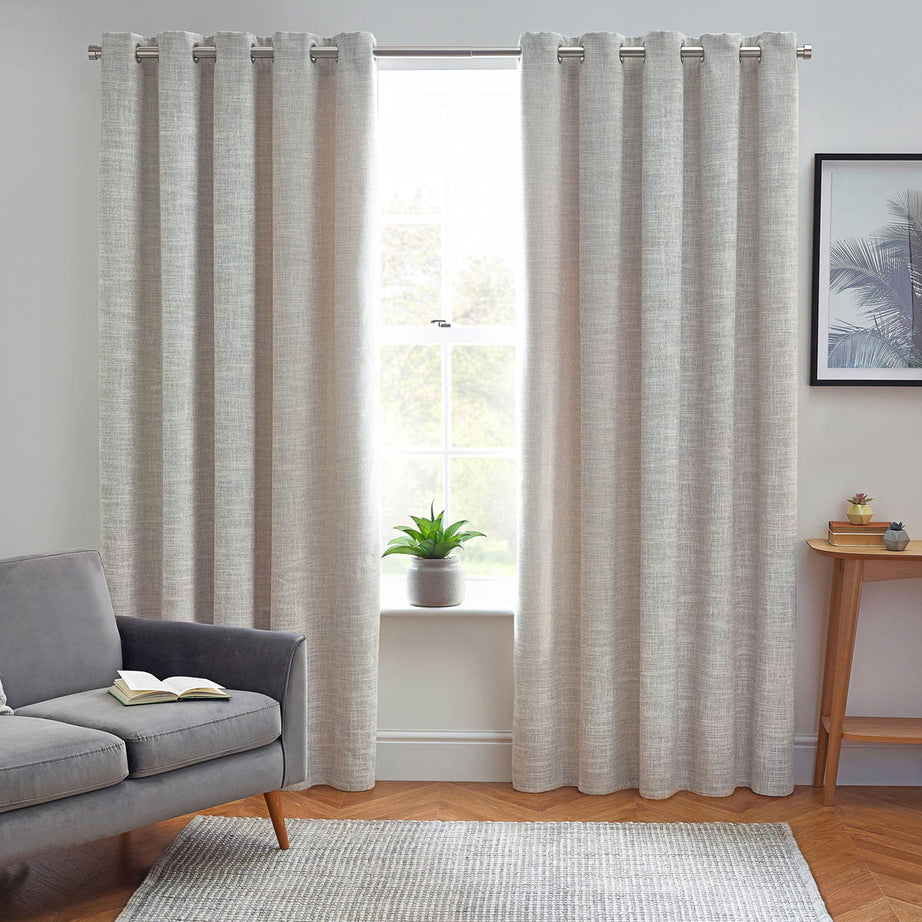 Elisa Eyelet Curtains Lined Ecru Slub Plain Elegant (W)167cm (L)183cm Pair - Image 1