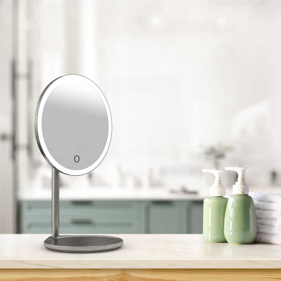 Bathroom Make Up Mirror Illuminated Round Freestanding Black Pearl (W)21cm - Image 2