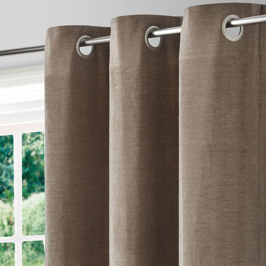 Curtain Pair Taupe Plain Woven Chenille Lined Eyelet Weighted (W)167cm (L)228cm - Image 2