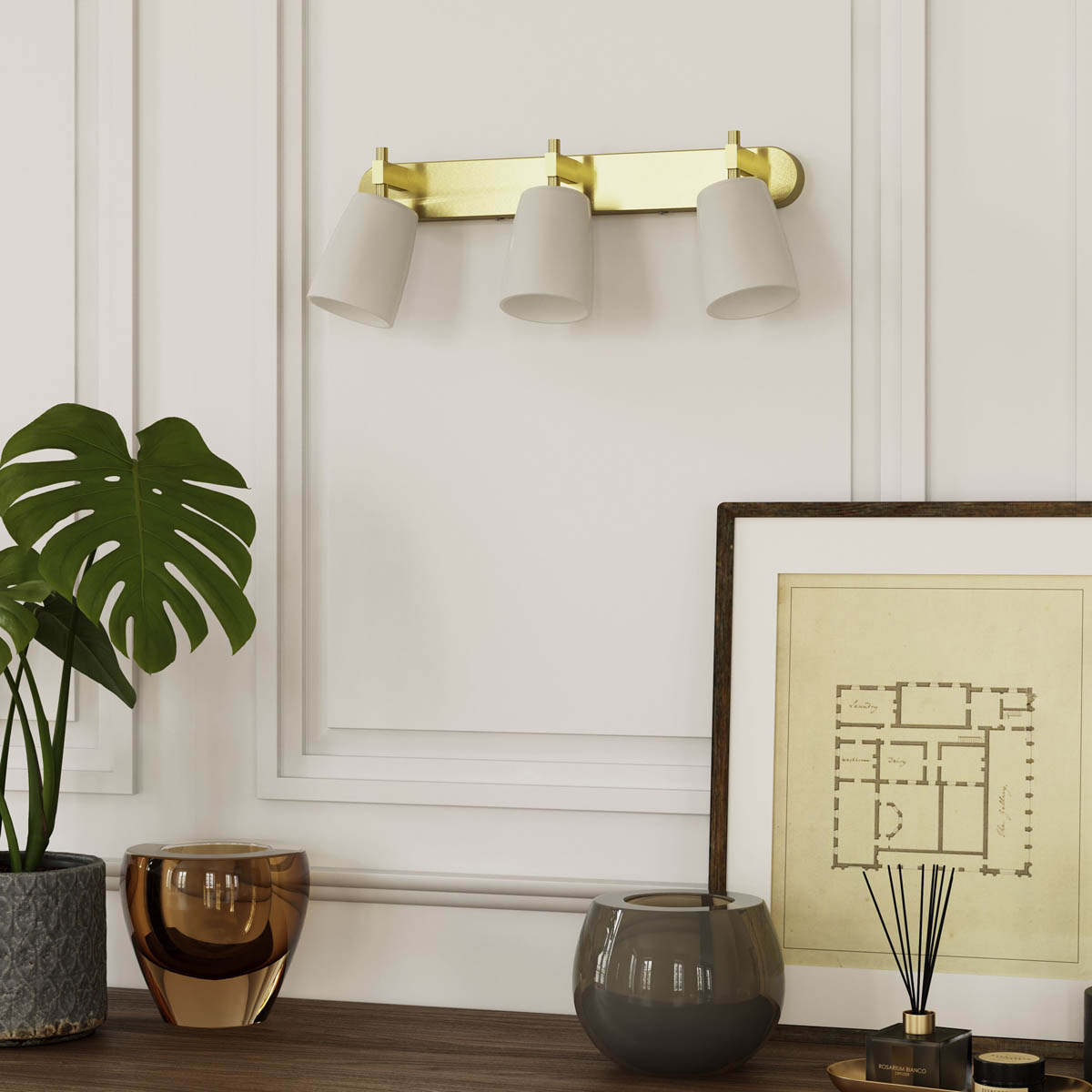 Wall Light Bar 3 Lamp Frosted Glass Brushed Brass Gold Effect Spotlight Modern - Image 4