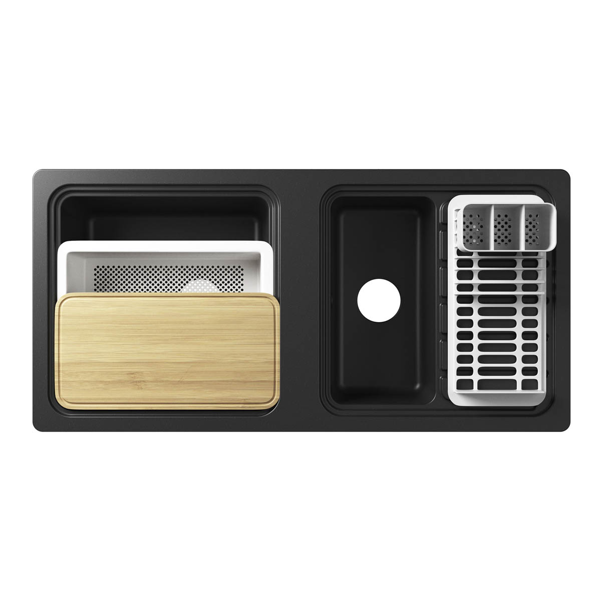 Kitchen Sink 1.5 Bowl and Drainer Black Granite Rectangular 515 x 1050mm - Image 2