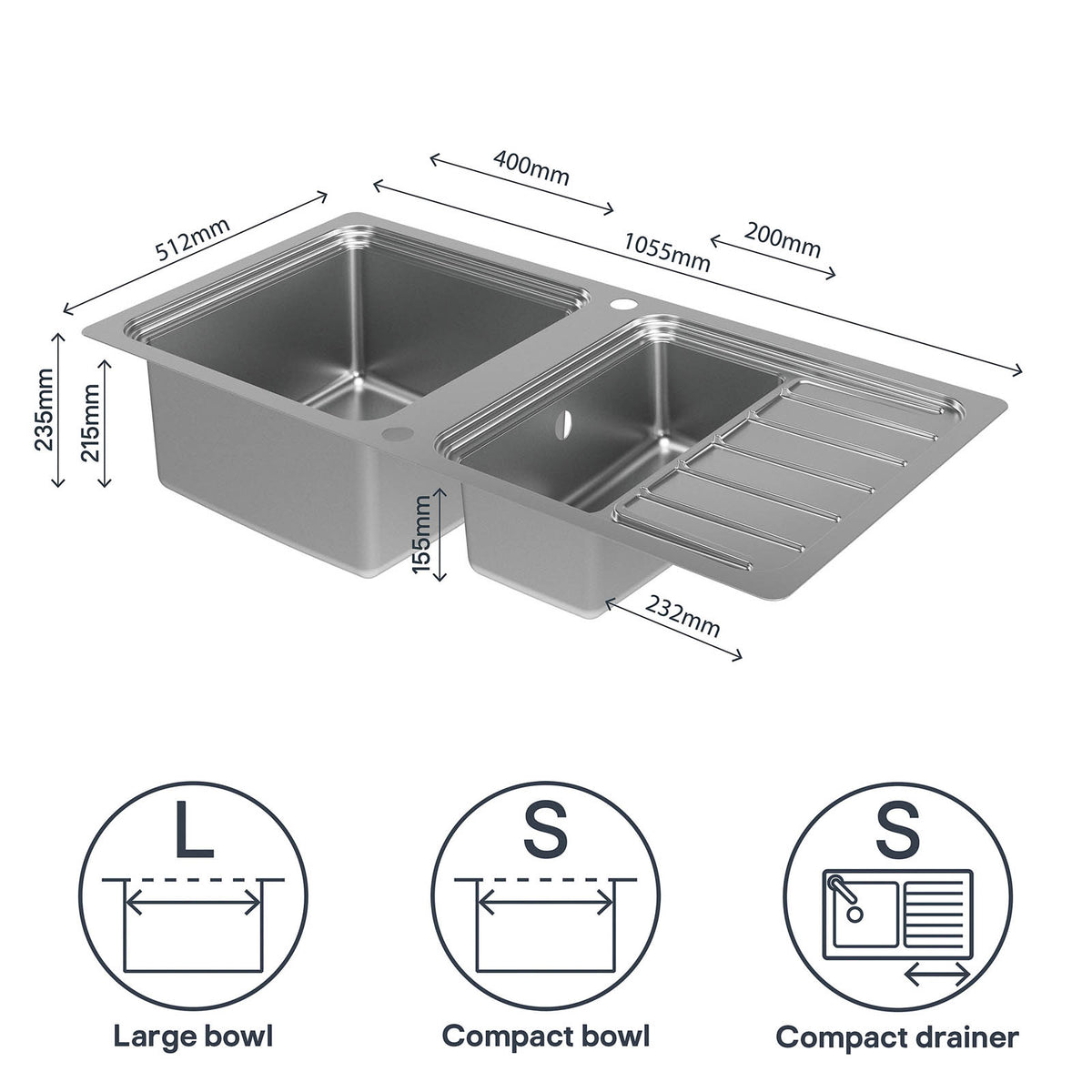 Kitchen Sink Stainless Steel 1.5 Bowl Rectangular Reversible Drainer Compact - Image 9
