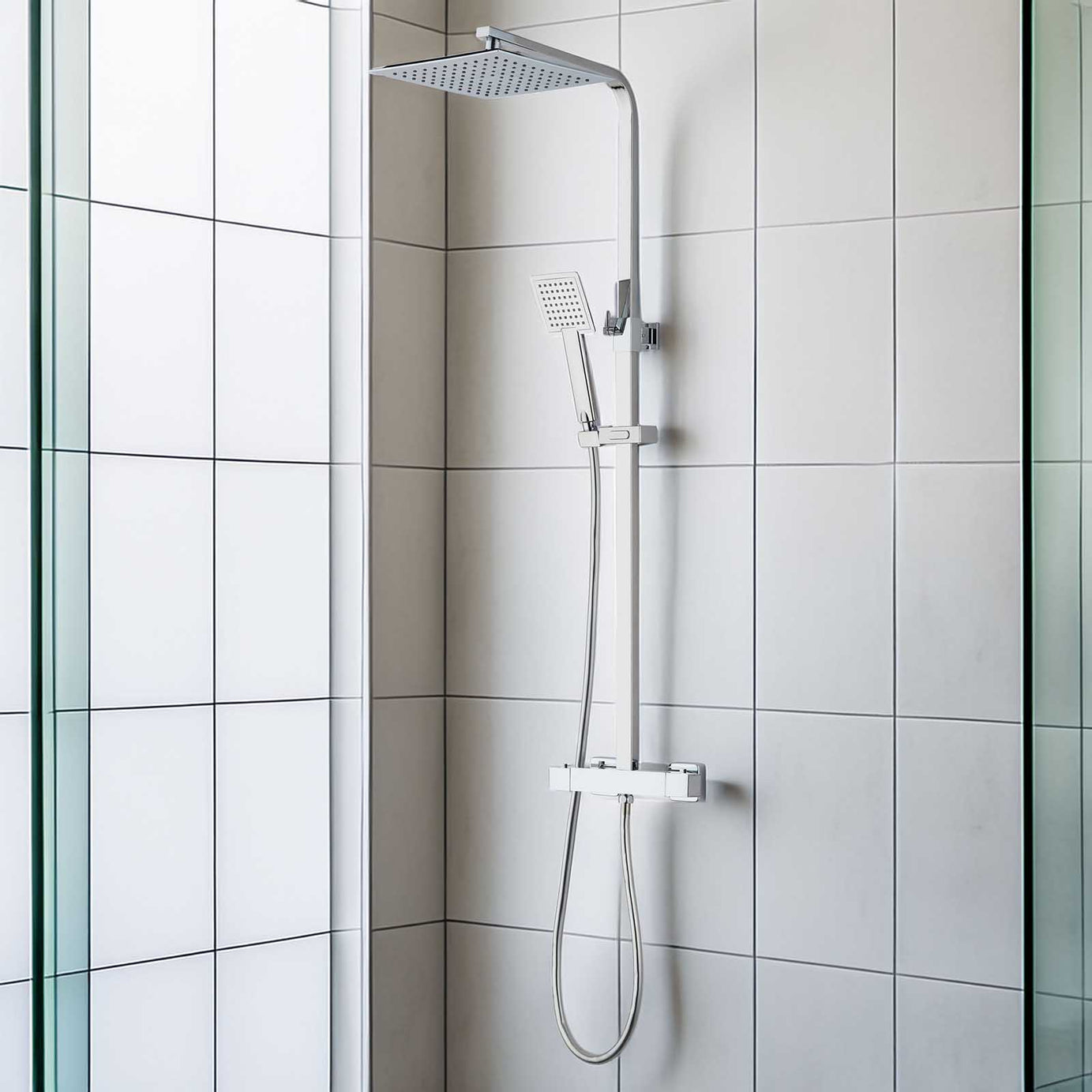 Thermostatic Mixer Shower Chrome Exposed Square Dual Head Bathroom Modern - Image 2