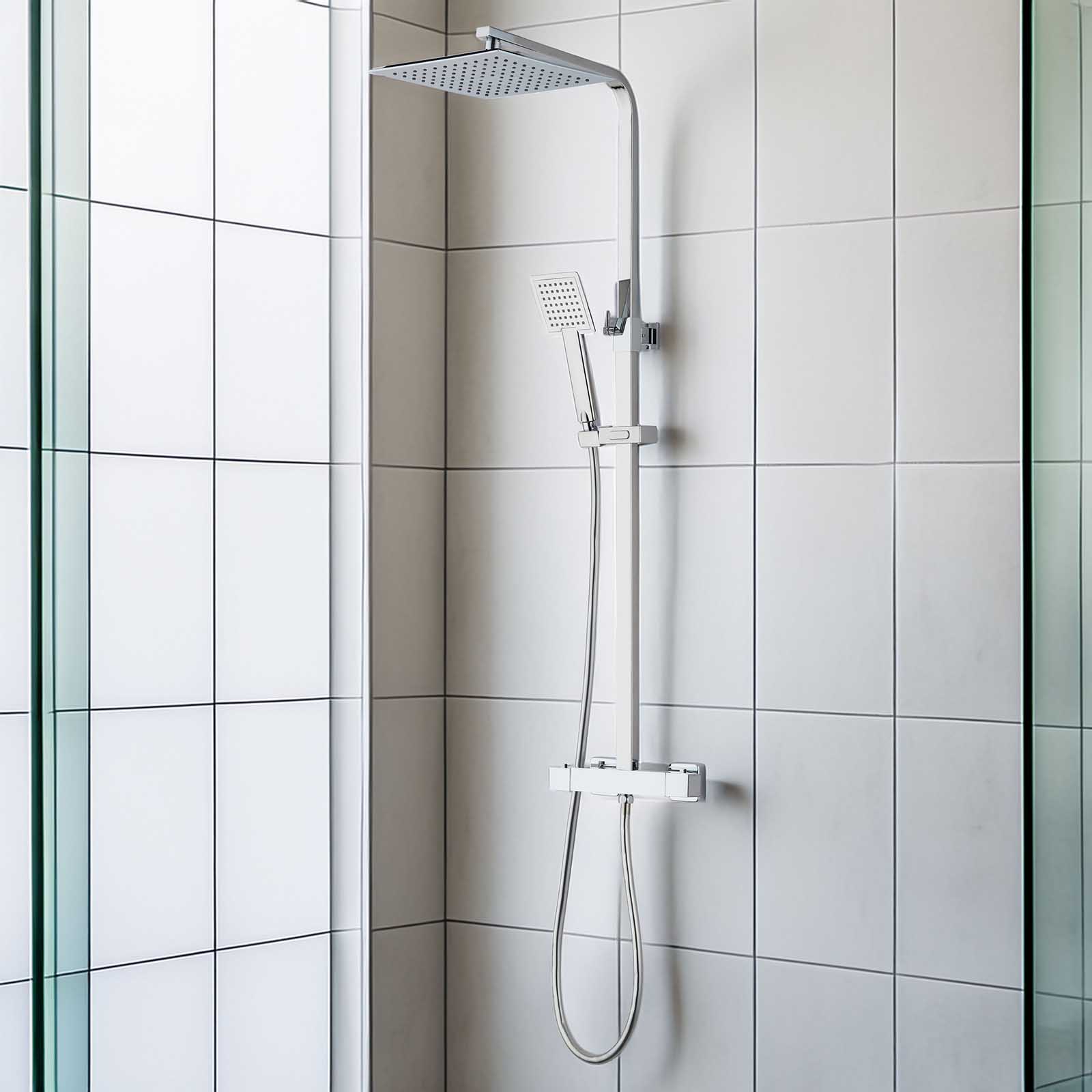 Thermostatic Mixer Shower Chrome Exposed Square Dual Head Bathroom Modern - Image 2