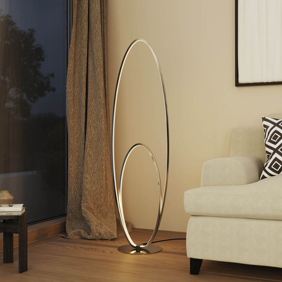 Floor Lamp Integrated LED Warm White Oval Metal Silver Effect Dimmable Modern - Image 1