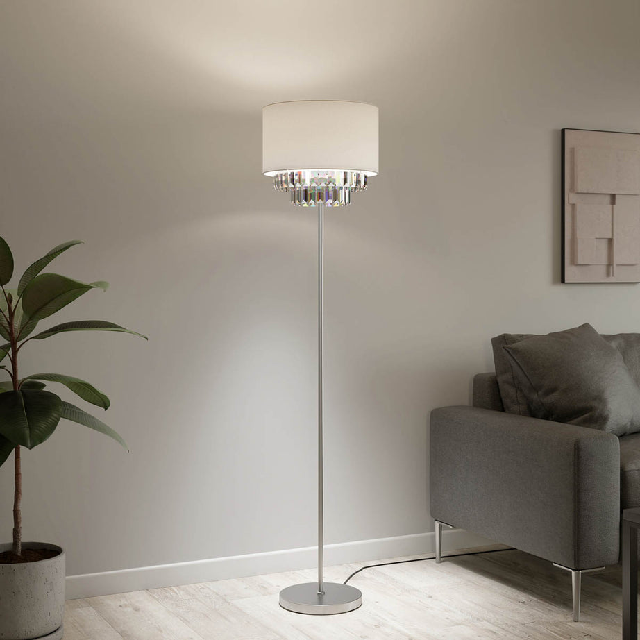Floor Lamp LED Satin Cream Silver Effect Crystal Decoration Modern (H)150cm - Image 1