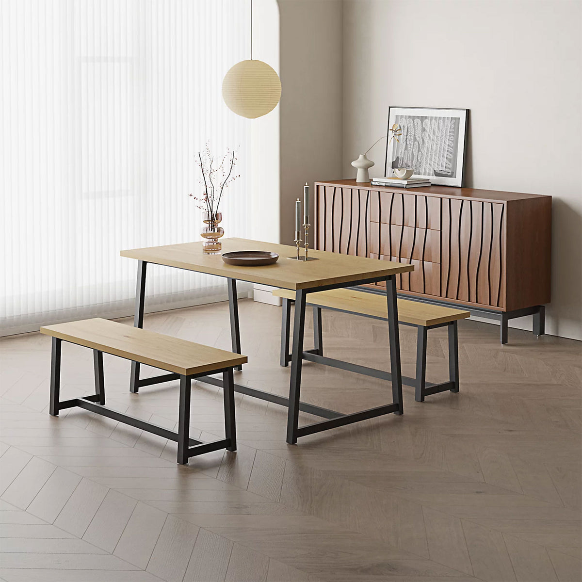 Indoor Dining Table & Bench Set Oak Effect Rectangular 4-Seater - Image 2