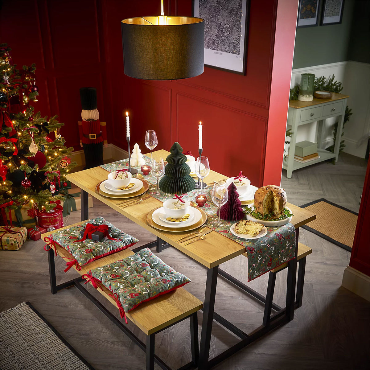 Indoor Dining Table & Bench Set Oak Effect Rectangular 4-Seater - Image 4