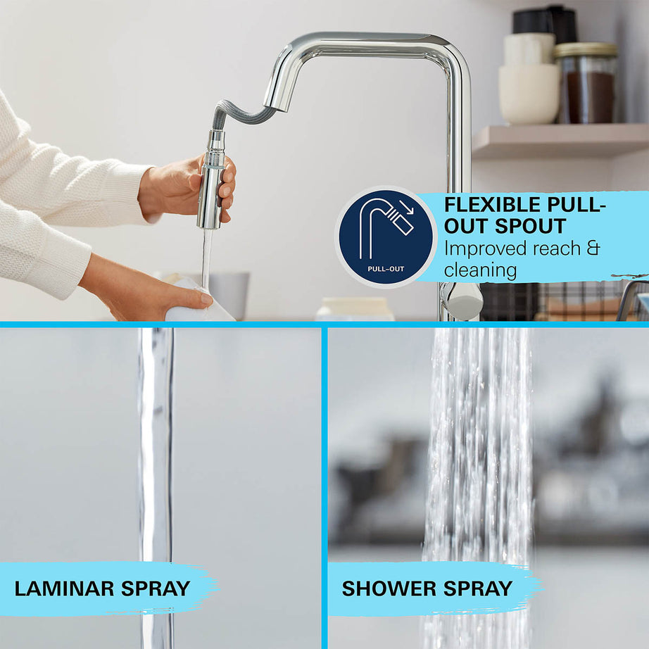 Grohe Kitchen Tap Mixer Chrome Pull Out Single Lever Swivel Spout Modern Faucet - Image 6