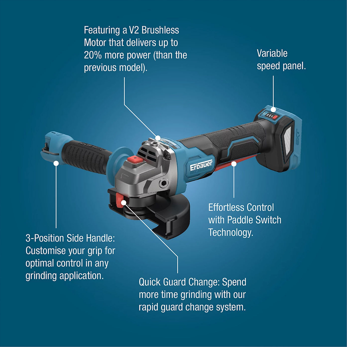 Erbauer Angle Grinder ERI1084GRD Elite EXT 18V Brushless 125mm Compact Body Only - Image 4