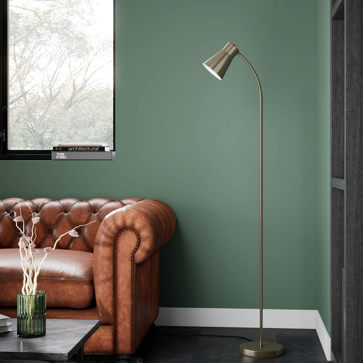 Floor Lamp Metal Satin Antique Brass Effect Adjustable Head Industrial (H)150 cm - Image 1