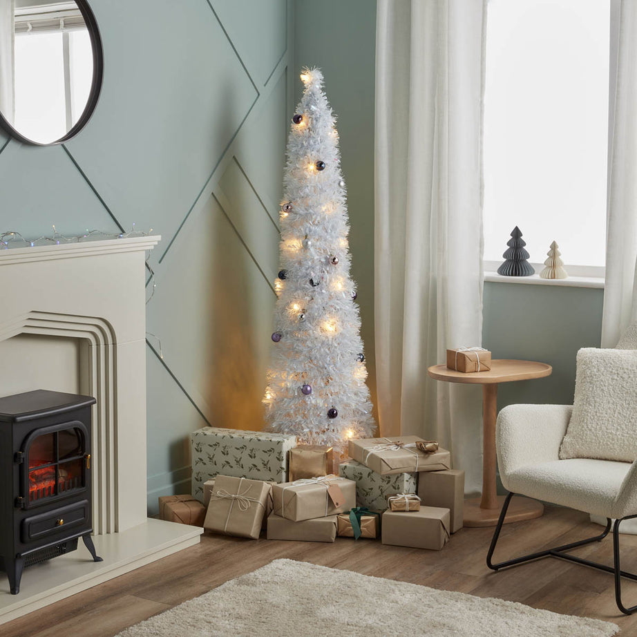 Christmas Tree 6ft White Slim Artificial LED Pre Lit 40 Warm White - Image 1