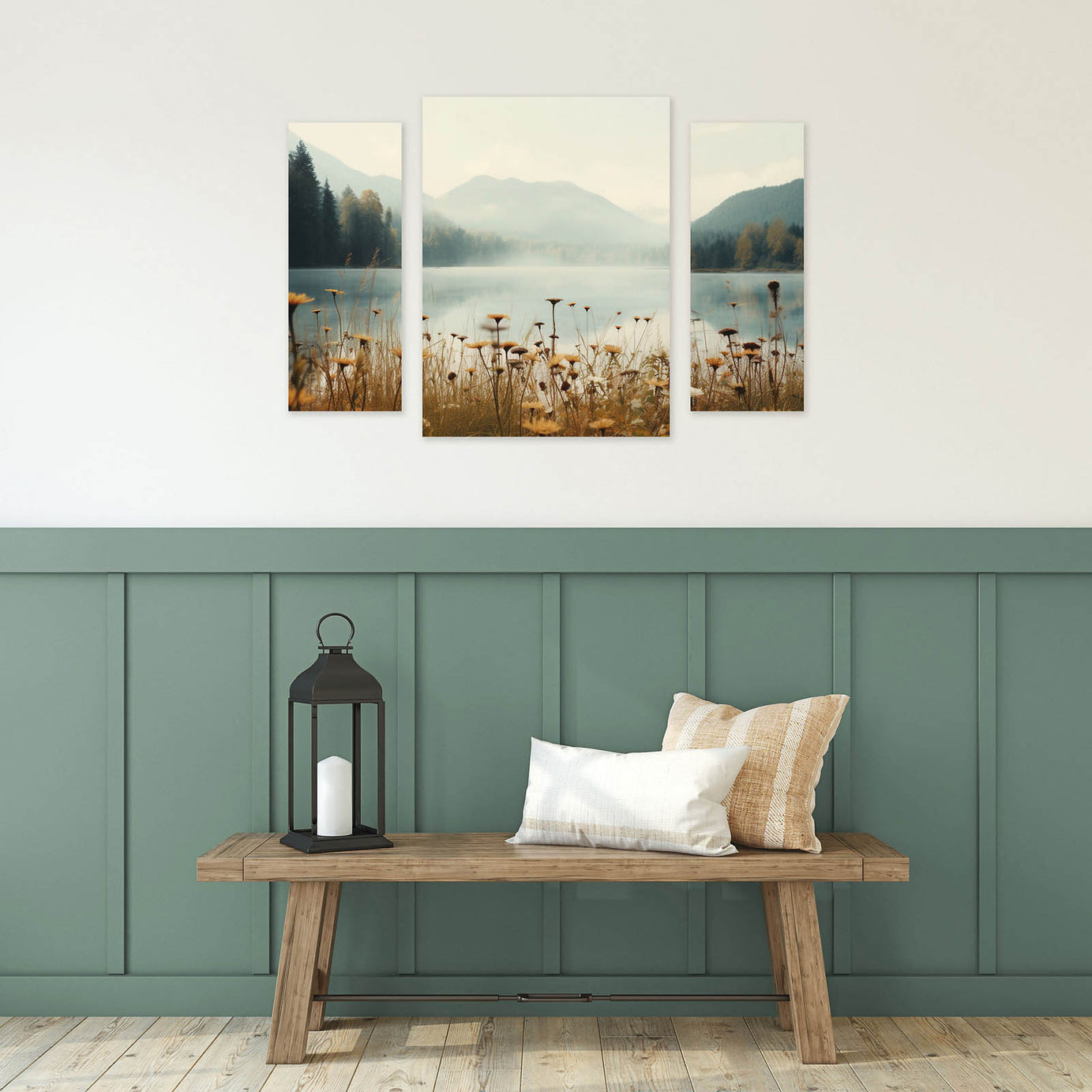 Arthouse Canvas Art Mountain Lake Earth Tones Landscape Wall Picture Set Of 3 - Image 1