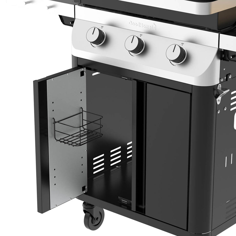 Gas BBQ 3 Burner Black Steel Side Shelves Outdoor Barbecue Electronic Ignition - Image 6