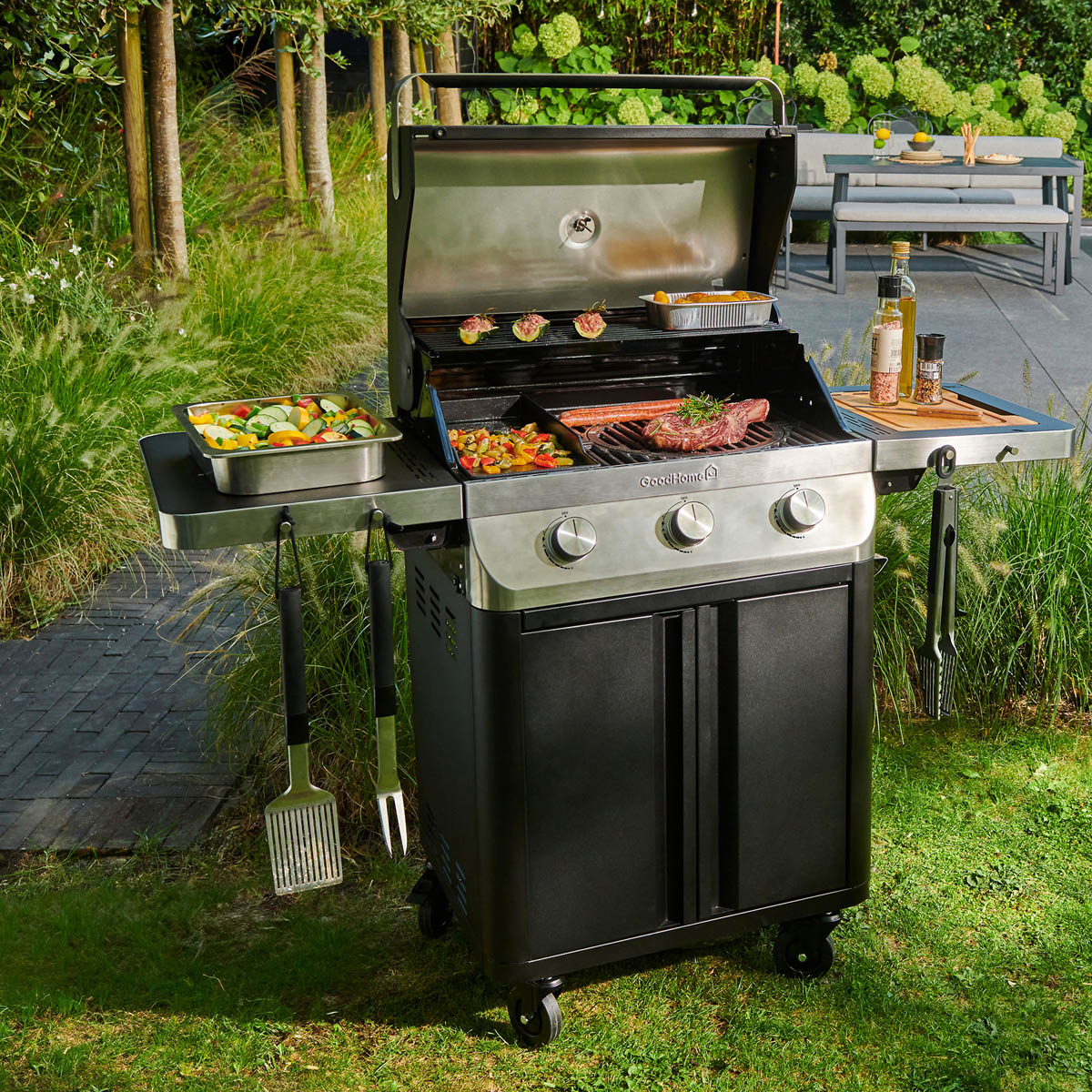 Gas BBQ 3 Burner Black Steel Side Shelves Outdoor Barbecue Electronic Ignition - Image 8