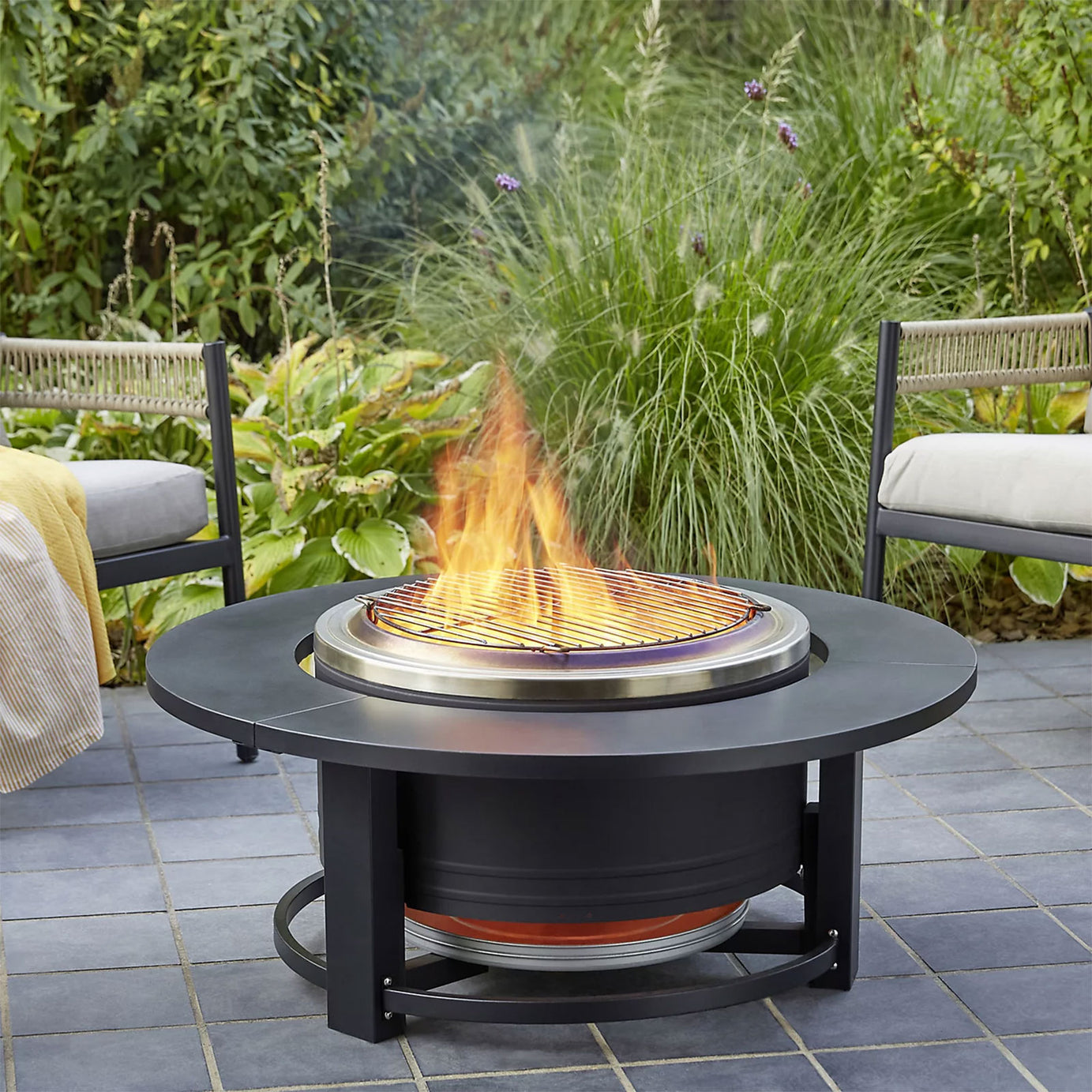 Fire Pit Side Table Garden Patio Black Steel Outdoor Furniture - Image 1