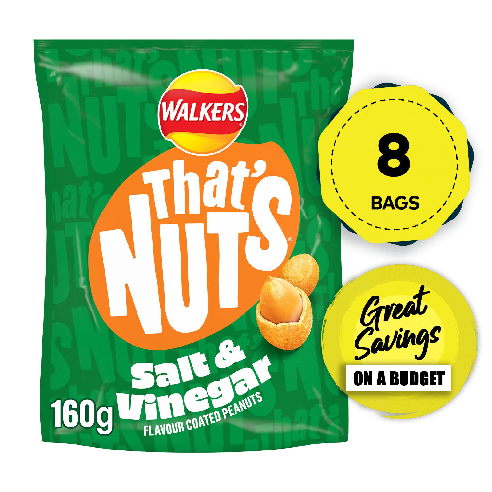 That’s Nuts Walkers Salt & Vinegar Sharing Coated Peanuts 8 x 160g - Image 1