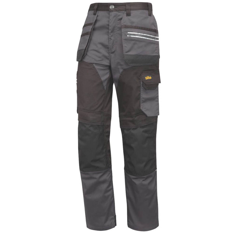 Site Work Trousers Mens Regular Fit Grey Black Stretch Holster Cargo 40"W 30"L - Image 1