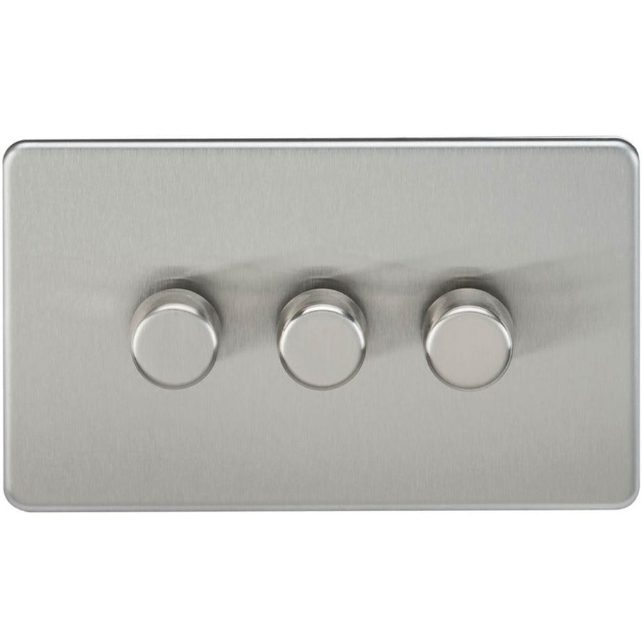 Dimmer Wall Switch 3-Gang 2-Way LED Intelligent Rotary Screwless Brushed Chrome - Image 1