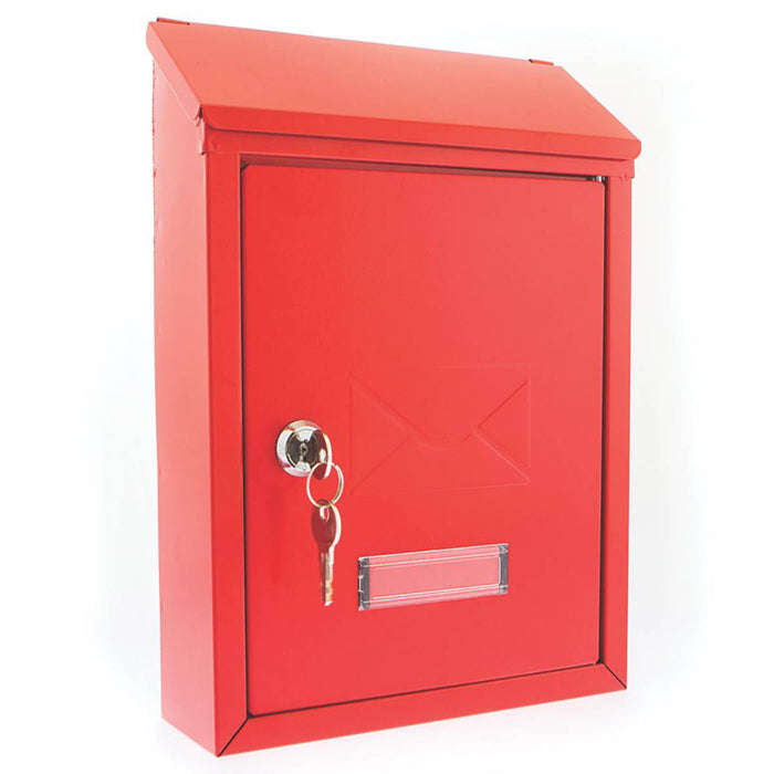 Letter Post Box Red Wall Powder-Coated Steel Compact With Nameplate 2 Keys - Image 1