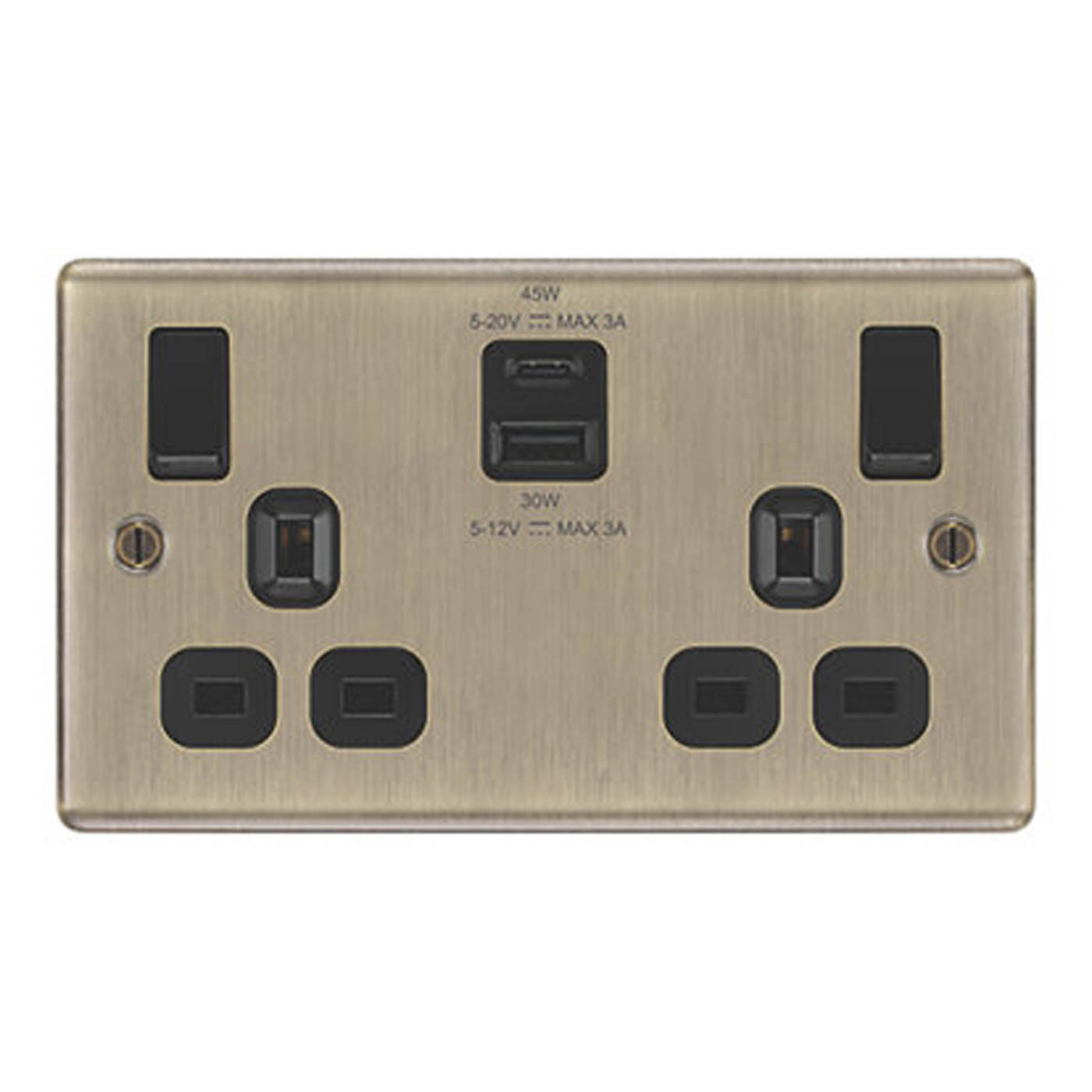 LAP 13A 2-Gang SP Switched Socket 3A 45W 2-Outlet USB Charger Antique Brass - Image 1