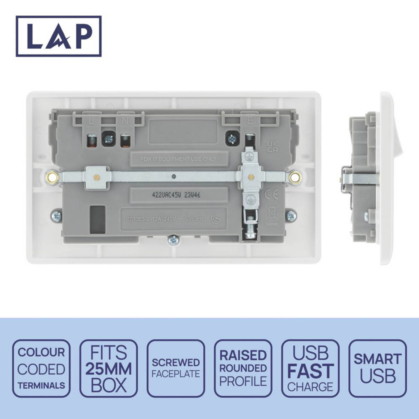 LAP  13A 2-Gang SP Switched Socket + 3A 45W 2-Outlet Type A & C USB Charger White - Image 3