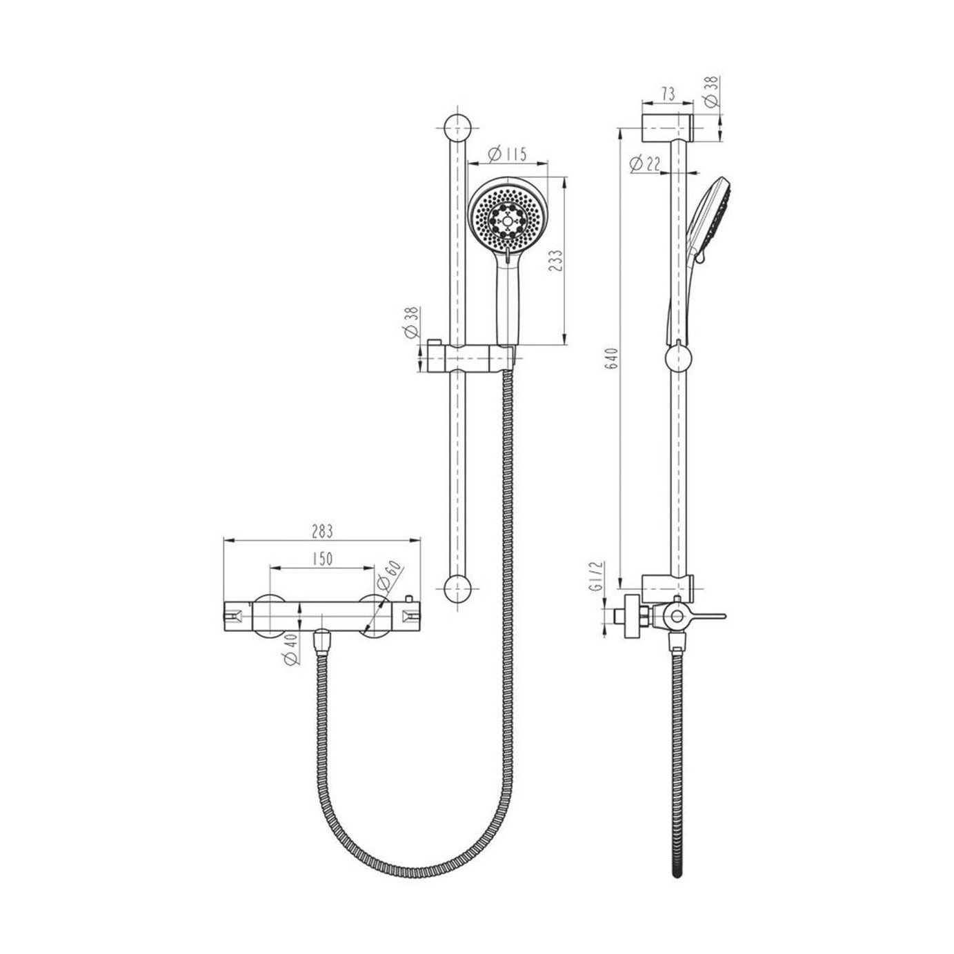 Mixer Shower Kit Thermostatic Matt Black 3 Spray Pattern Round Rear Fed Exposed - Image 2
