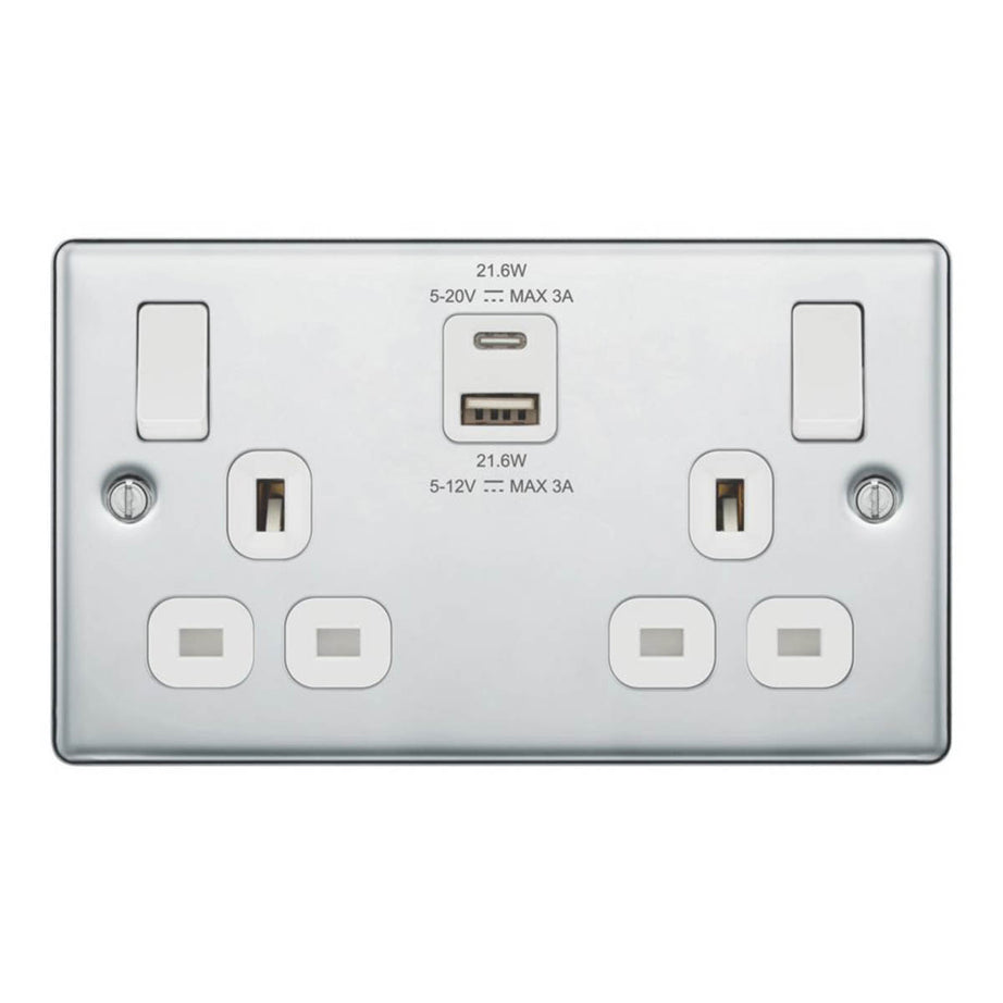 LAP Switched Socket Type A & C USB Charger Chrome 13A 2-Gang SP +3A 22W 2-Outlet - Image 1