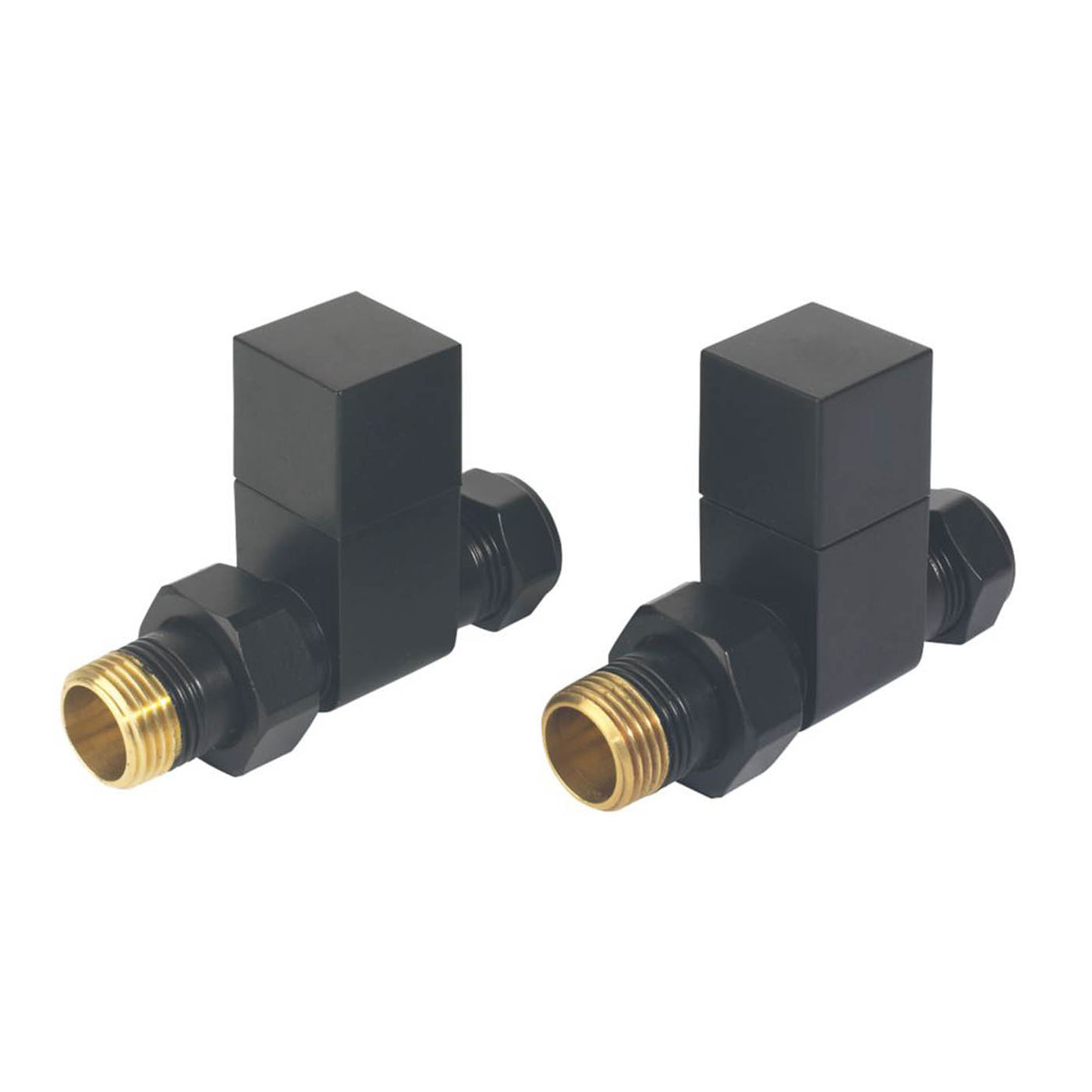 Towelrads Towel Radiator Valve Square Straight Black Brass 15mm x 1/2" Twin Pack - Image 1