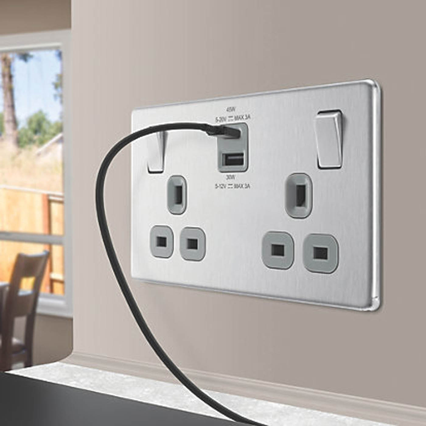 LAP Switched Socket With 2-Outlet USB 13A 2-Gang Brushed Steel SP 3A 45W Charger - Image 2
