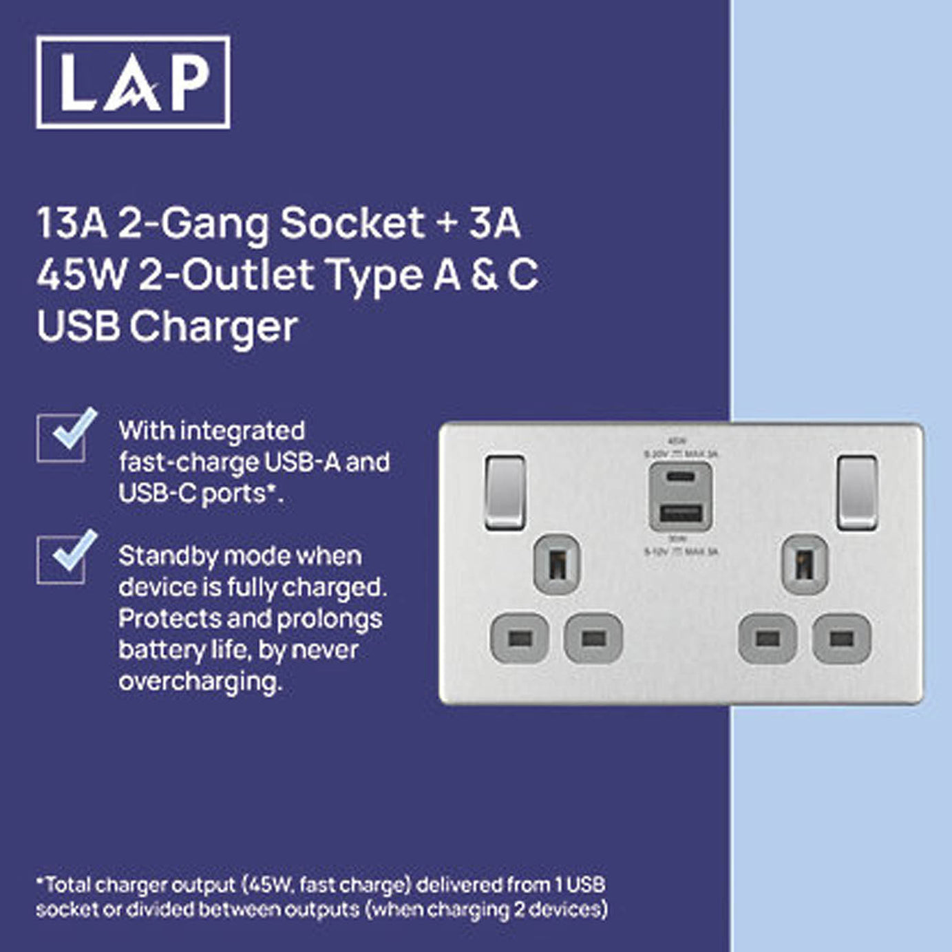 LAP 13A 2-Gang SP Switched Socket + 3A 45W 2-Outlet USB Charger Brushed Steel - Image 3
