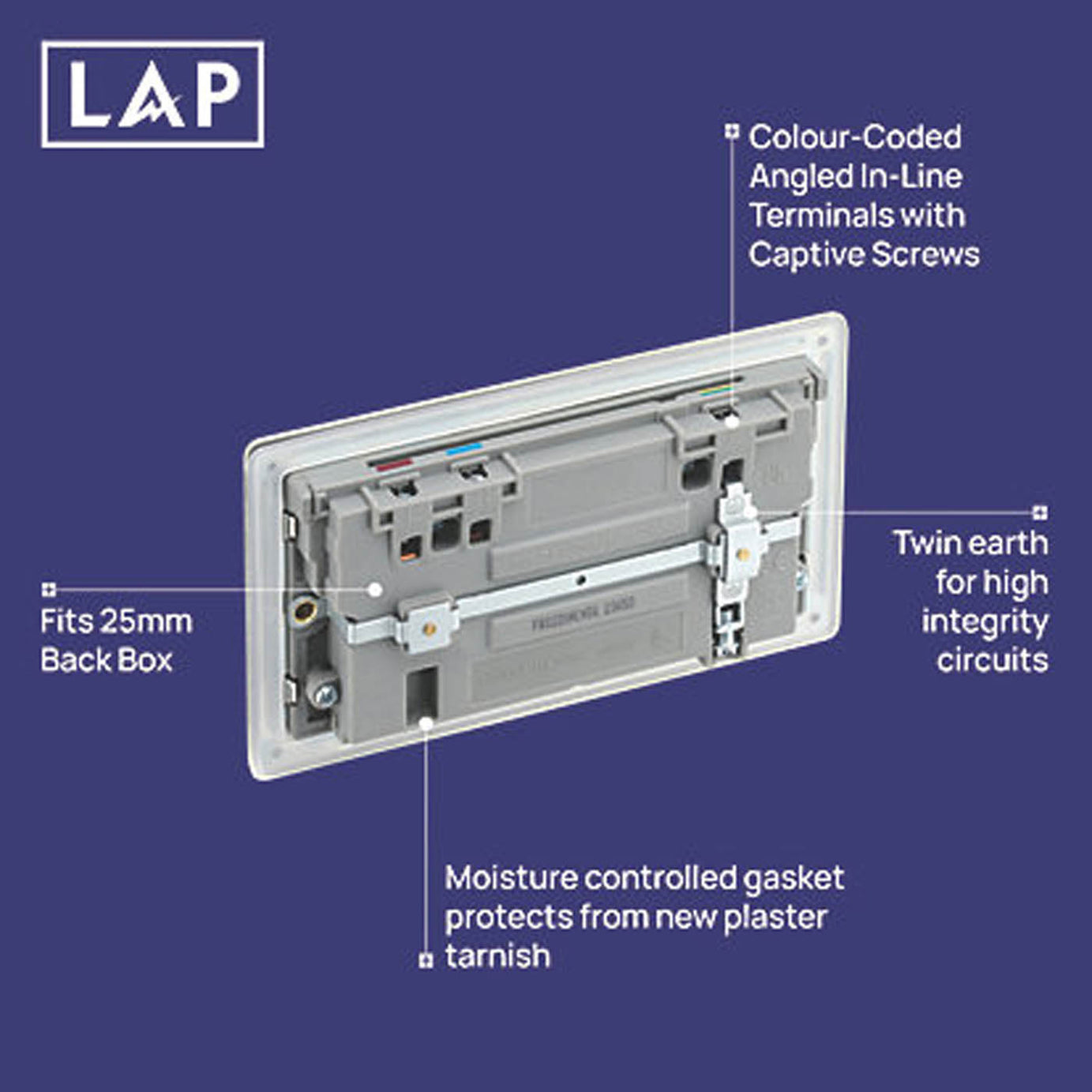 LAP 13A 2-Gang SP Switched Socket + 3A 45W 2-Outlet USB Charger Brushed Steel - Image 6